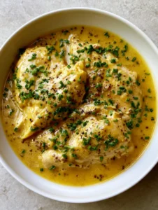 A top-down smartphone photo of Slow Cooker Honey Mustard Chicken in a white bowl, showing whole grain mustard seeds and fresh chives.