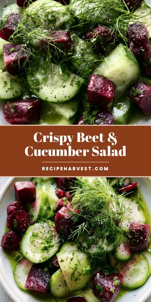 A close-up vertical shot of a vibrant Beetroot Salad in a white bowl, featuring deep purple roasted beet cubes, crisp cucumber slices, and fresh green dill.