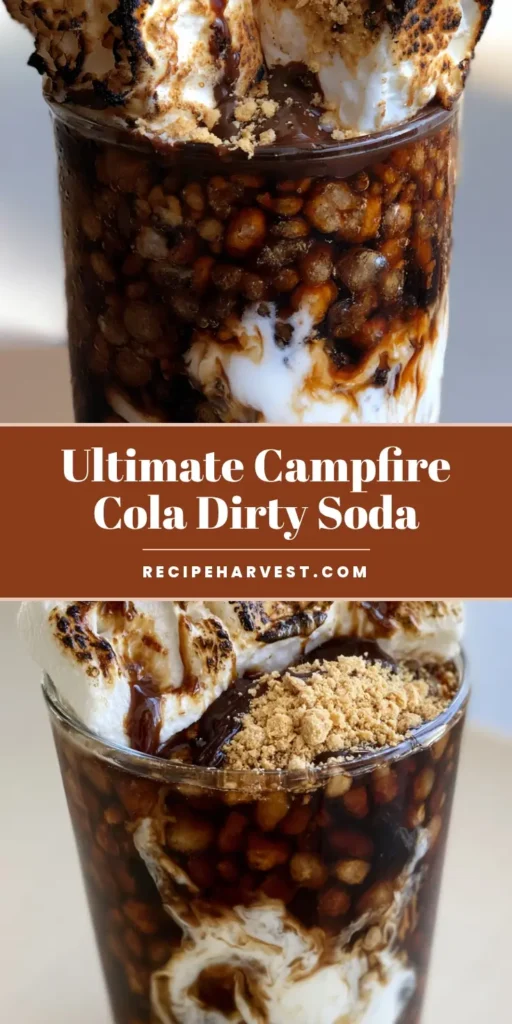 Campfire Cola Dirty Soda: The Ultimate S'mores Inspired Treat 3 A tall glass of Campfire Cola Dirty Soda with pebble ice, heavy cream swirls, and three toasted marshmallows on top.