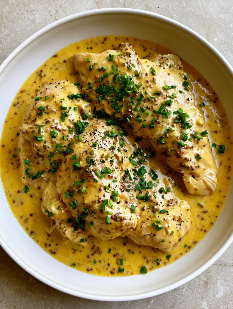 Close-up detail of the glossy golden-yellow sauce and tender chicken pieces in this Slow Cooker Honey Mustard Chicken recipe.