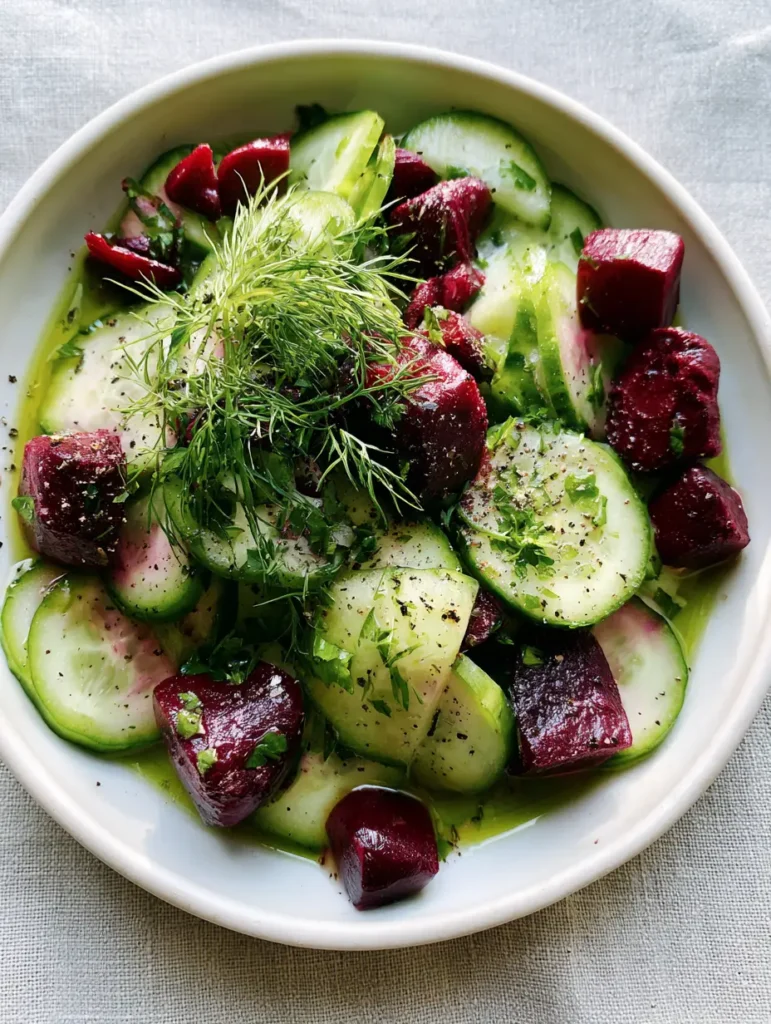 A handheld smartphone photo of a Beetroot Salad with roasted beet cubes and English cucumber rounds in a matte white ceramic bowl. (Beetroot Salad)