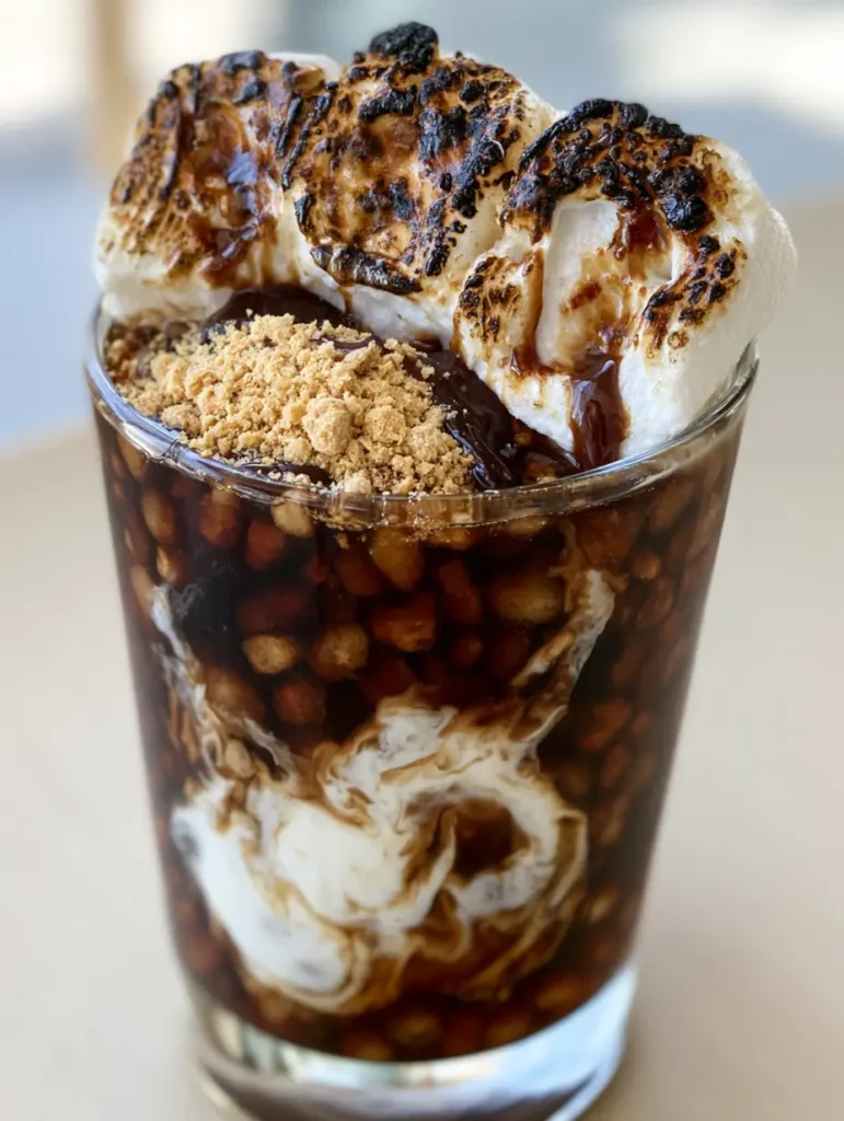 Close up of a Campfire Cola Dirty Soda showing the thick cream marble and dark charred marshmallows.