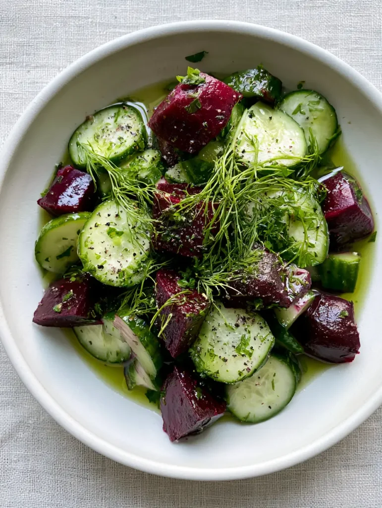 A top-down view of the Beetroot Salad showing the translucent herb vinaigrette and fresh dill sprigs over purple beets and green cucumbers.