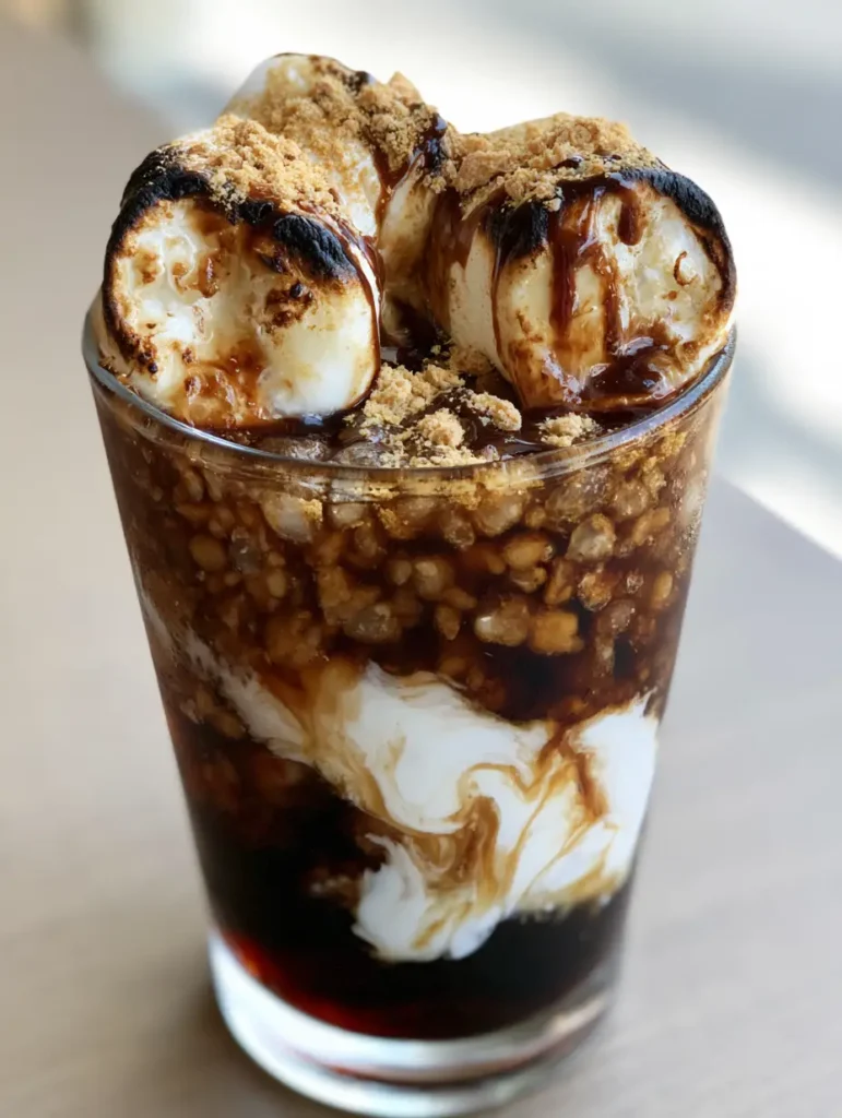 Campfire Cola Dirty Soda: The Ultimate S'mores Inspired Treat 1 Handheld smartphone photo of a finished Campfire Cola Dirty Soda with chocolate drizzle and graham cracker crumbs.