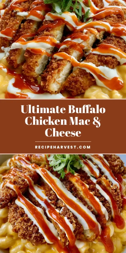 Buffalo Chicken Mac and Cheese: The Ultimate Creamy & Crispy Comfort Food 4 A shallow white bowl of Buffalo Chicken Mac and Cheese with a buffalo and ranch drizzle and sliced green onions.