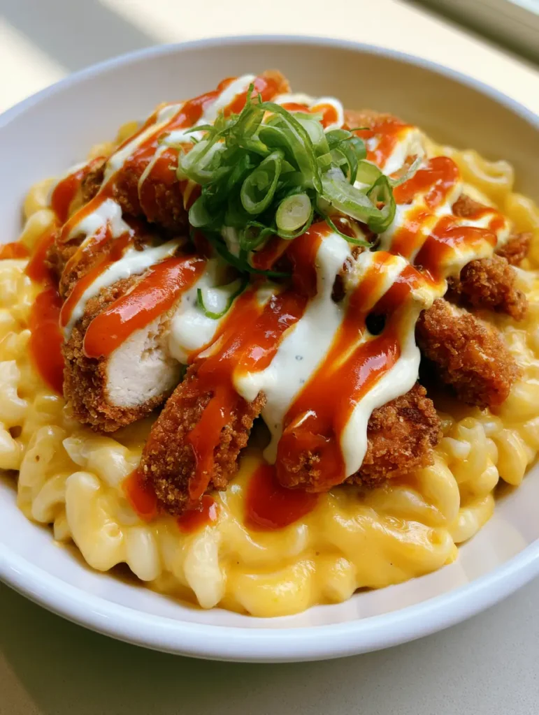 Buffalo Chicken Mac and Cheese: The Ultimate Creamy & Crispy Comfort Food 1 Close up of Buffalo Chicken Mac and Cheese highlighting the vibrant orange buffalo sauce and green onion garnish.