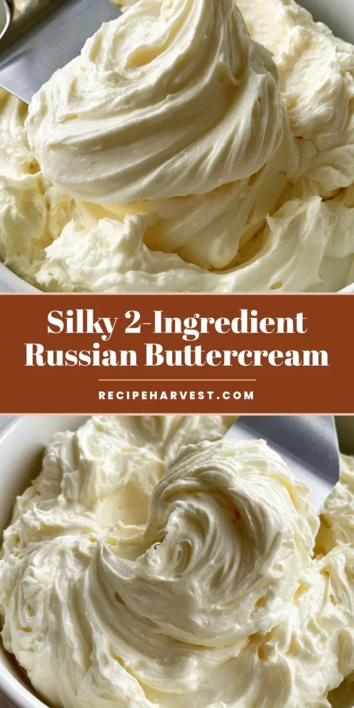 Russian Buttercream Frosting: The 2-Ingredient Glossy Miracle 3 A close-up of a white ceramic bowl filled with thick, glossy, pale ivory Russian Buttercream Frosting with a silver spatula.
