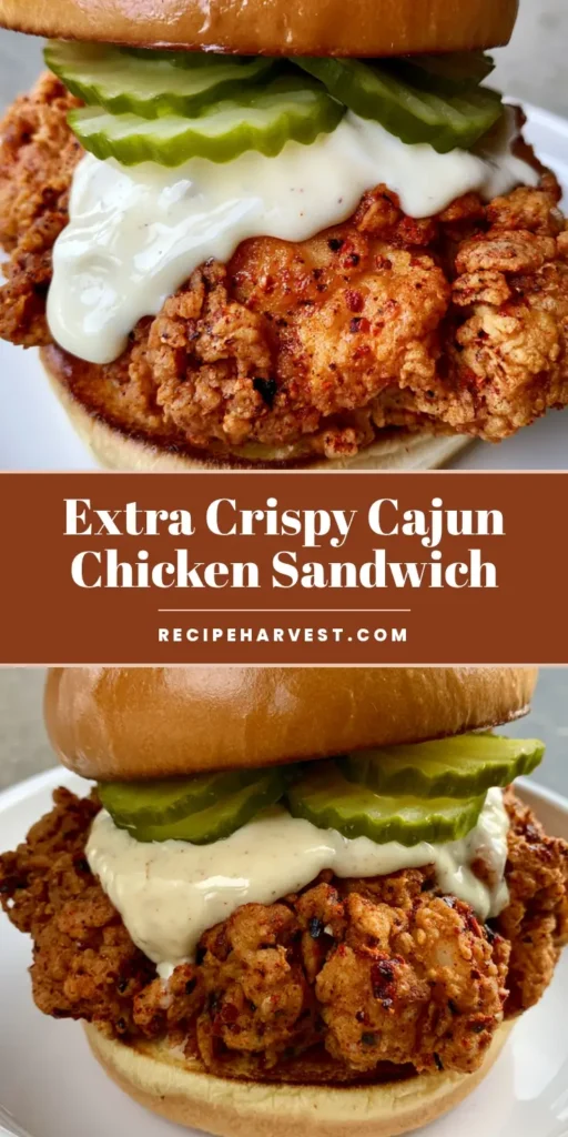 Cajun Crispy Chicken Sandwich with Creamy Garlic Aioli 3 A tall Cajun Crispy Chicken Sandwich on a brioche bun with crinkle-cut pickles and melting garlic aioli.