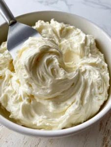 Velvety smooth ivory swirls of Russian Buttercream Frosting in a white bowl.