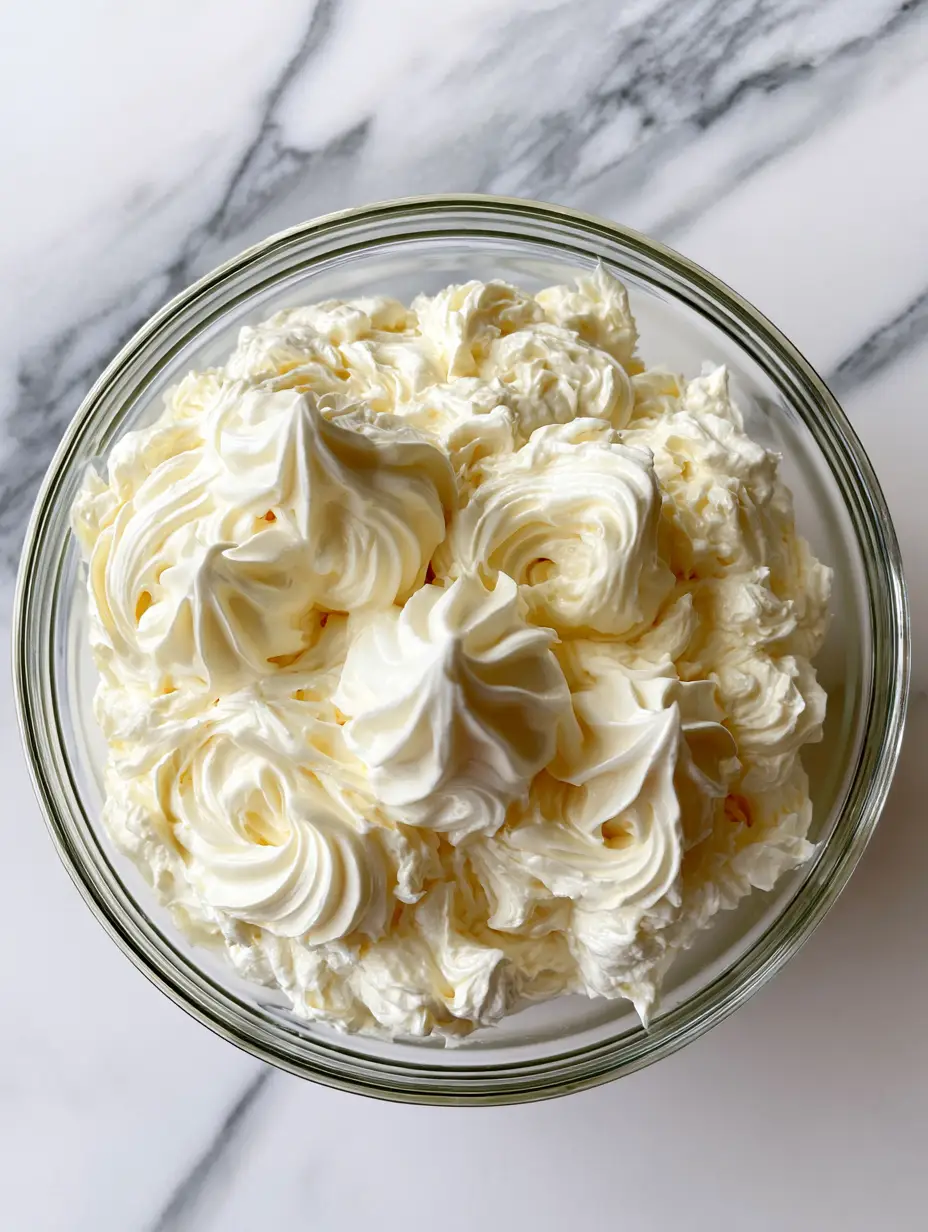 Italian Chantilly Cream Recipe: The Secret to Silky Vanilla Perfection 4 Top-down view of pale ivory Italian Chantilly Cream in a glass bowl on a marble surface. (Italian Chantilly Cream Recipe)