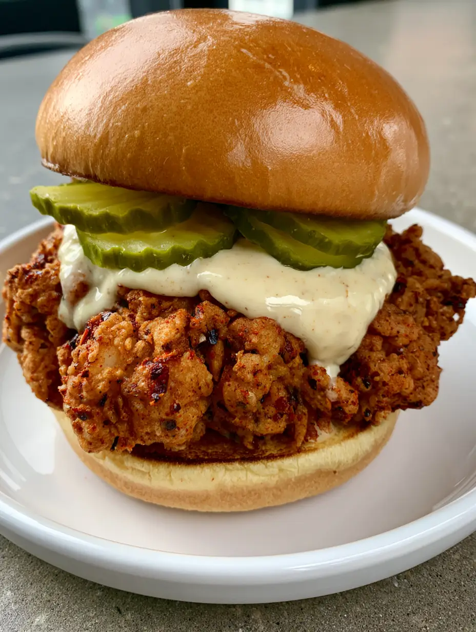 Cajun Crispy Chicken Sandwich with Creamy Garlic Aioli 4 Close up of the craggy, golden-brown breading on a Cajun Crispy Chicken Sandwich.