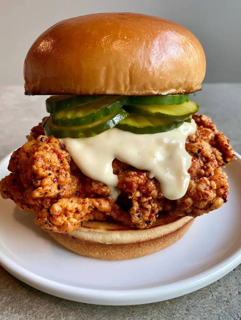 Cajun Crispy Chicken Sandwich with Creamy Garlic Aioli 1 The final assembled Cajun Crispy Chicken Sandwich on a white plate.