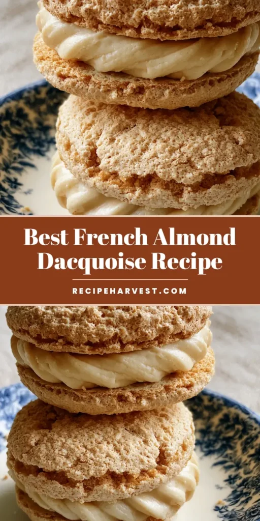 A stack of three French Almond Dacquoise cookies on a vintage blue and white floral porcelain plate with powdered sugar dusting.