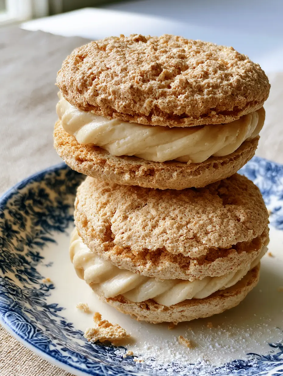 Close-up of golden-beige French Almond Dacquoise meringue discs with a porous, cracked texture and ivory filling.