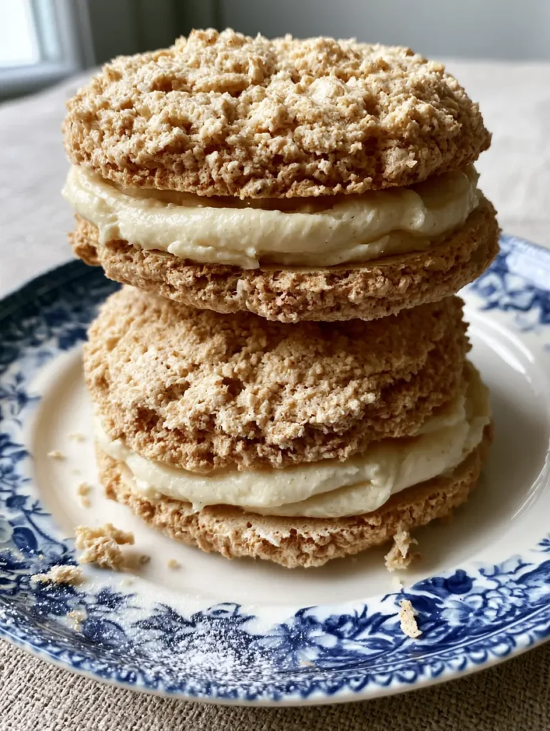 Precisely piped toasted almond cream filling between two golden dacquoise layers on a beige linen background.