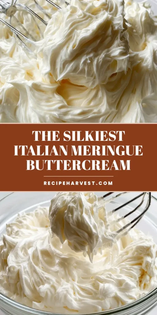 A tall glass bowl filled with thick, glossy white Italian Meringue Buttercream showing stiff, velvety peaks.