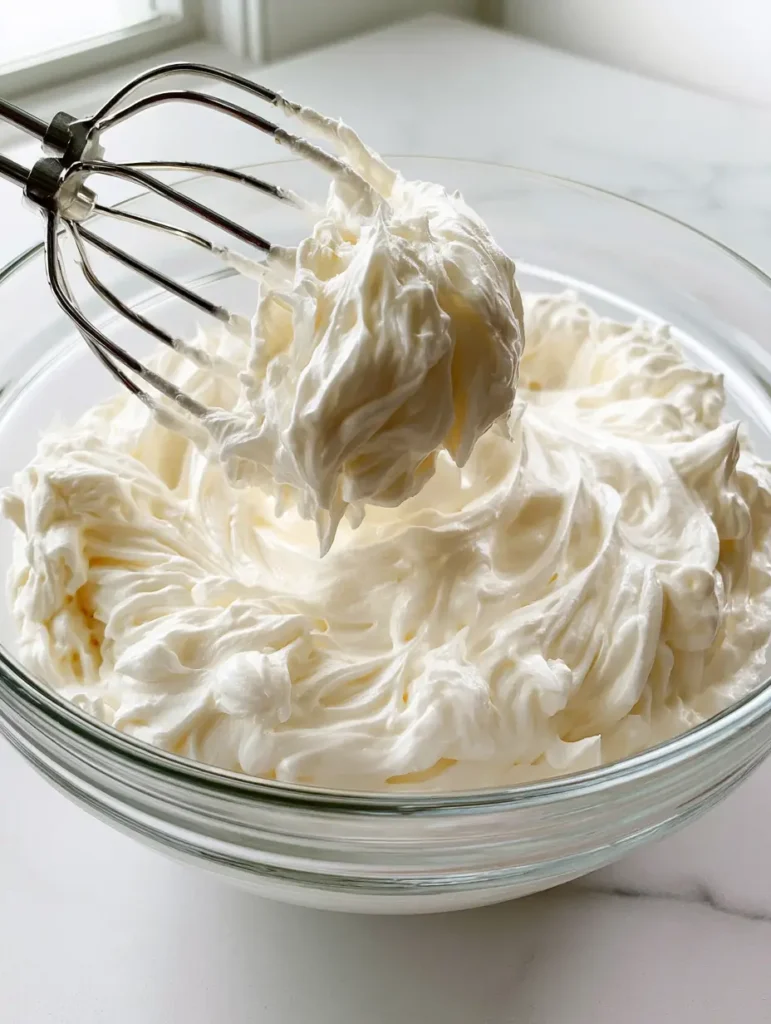 Smartphone photo of Italian Meringue Buttercream in a clear glass mixing bowl with a silver whisk.