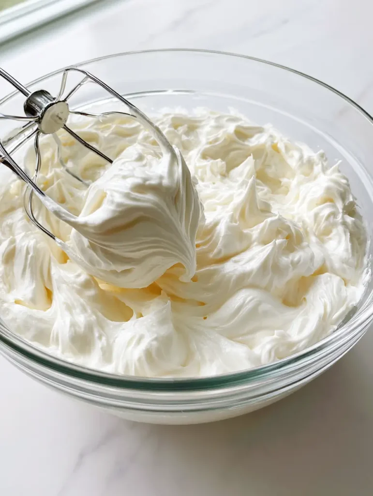 A silver whisk with a large dollop of light and airy Italian Meringue Buttercream.