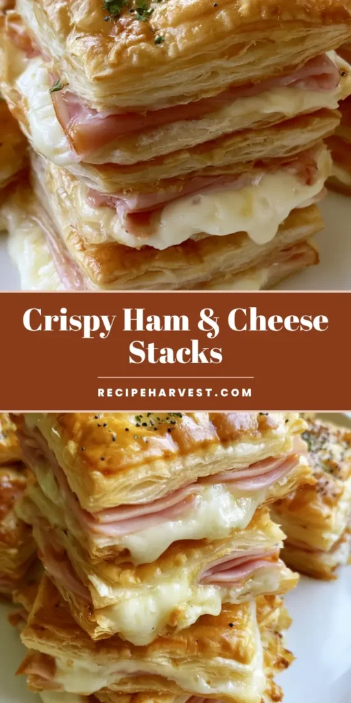 Ham and Cheese Puff Pastry: Flaky Layers of Savory Goodness 4 A close-up vertical shot of several Ham and Cheese Puff Pastry stacks with three flaky layers, melted white cheese, and poppy seed seasoning.