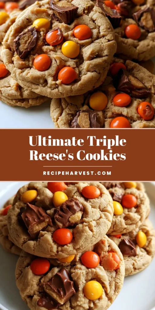 A tall stack of thick, soft-baked Triple Reese's Peanut Butter Cookies showing glossy melted chocolate and vibrant Reese's Pieces on a white plate.