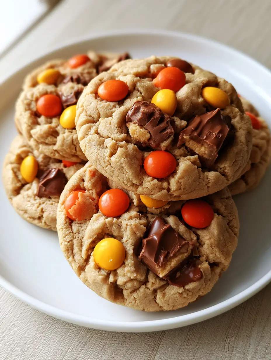 Overhead view of Triple Reese's Peanut Butter Cookies with visible chopped Reese's Cups and golden brown edges.
