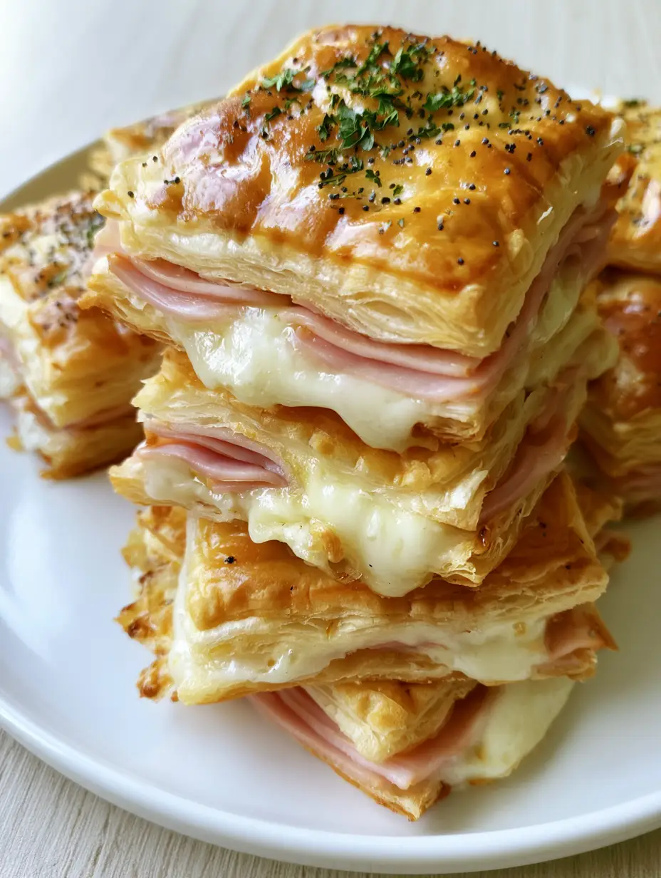 Ham and Cheese Puff Pastry: Flaky Layers of Savory Goodness 3 Smartphone photo of golden-brown Ham and Cheese Puff Pastry squares on a white plate showing bubbling cheese and flaky layers.