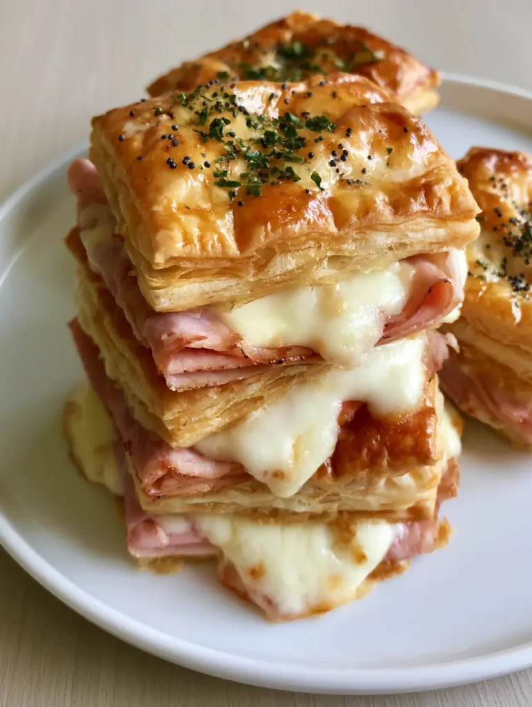Ham and Cheese Puff Pastry: Flaky Layers of Savory Goodness 1 Multiple square stacks of ham and cheese pastry seasoned with parsley and poppy seeds on a wooden table.