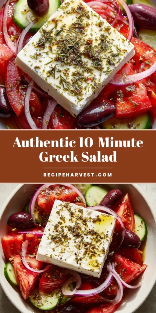 Authentic Greek Salad: The Ultimate Traditional Horiatiki Guide 4 A top-down view of an Authentic Greek Salad with a thick slab of feta and glossy olives in a white bowl.