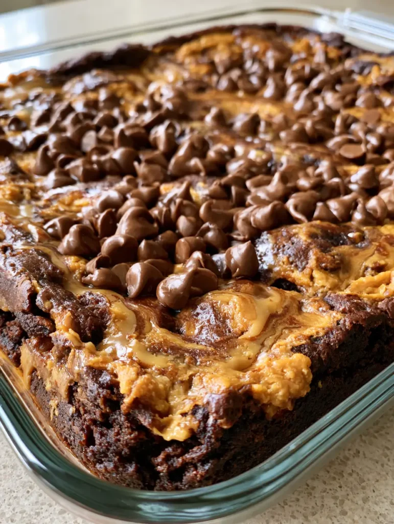 Close up view of Chocolate Peanut Butter Dump Cake showing the craggy texture and glossy molten chocolate layers.