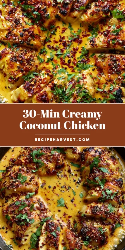 Creamy Coconut Chicken with Golden-Orange Sauce & Chili Flakes 4 A close-up of Creamy Coconut Chicken in a cast iron skillet with charred chicken strips, golden-orange sauce, and heavy chili flake garnish.
