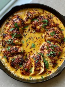 Top-down view of Creamy Coconut Chicken showing the vibrant yellow-orange sauce bubbling in a black cast iron skillet.
