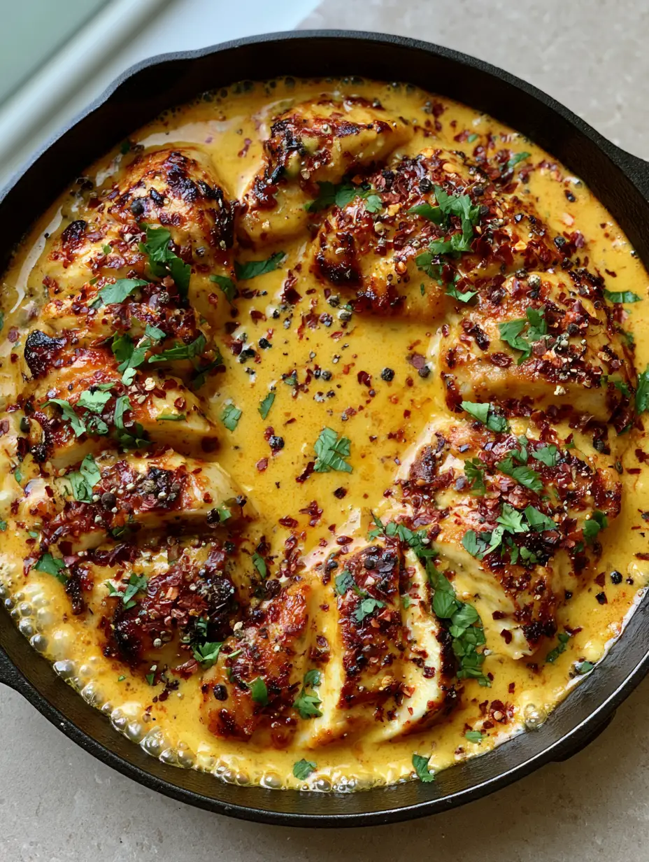 Creamy Coconut Chicken with Golden-Orange Sauce & Chili Flakes 3 Top-down view of Creamy Coconut Chicken showing the vibrant yellow-orange sauce bubbling in a black cast iron skillet.