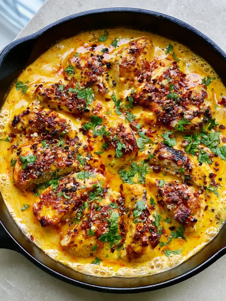 Creamy Coconut Chicken with Golden-Orange Sauce & Chili Flakes 1 Close-up of charred chicken breast nestled in thick creamy coconut sauce with red chili flakes and black peppercorns.