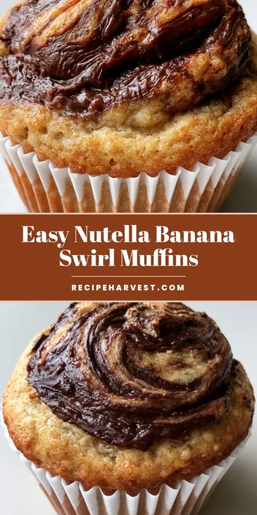 A close-up vertical shot of Nutella Banana Swirl Muffins in white pleated cups with a dark mahogany marbled finish.