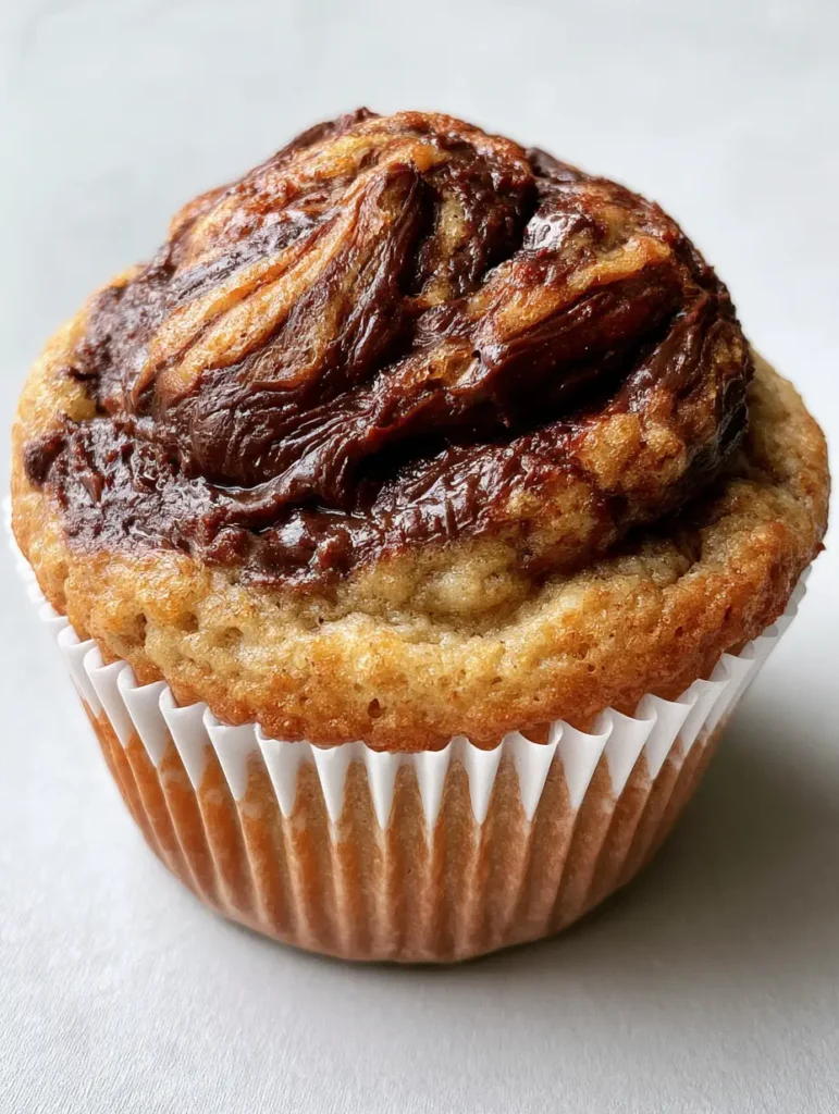 Nutella Banana Swirl Muffins sitting on a neutral tabletop in soft natural daylight.