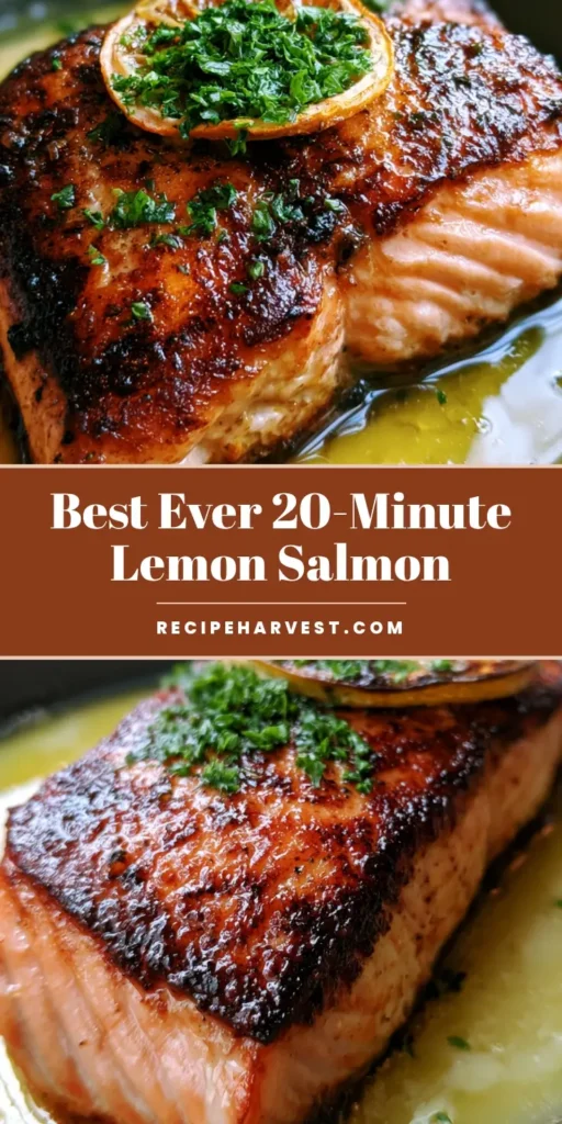 A close-up shot of Lemon Garlic Butter Salmon with a deeply caramelized golden crust and charred lemon wheels in a cast iron skillet.