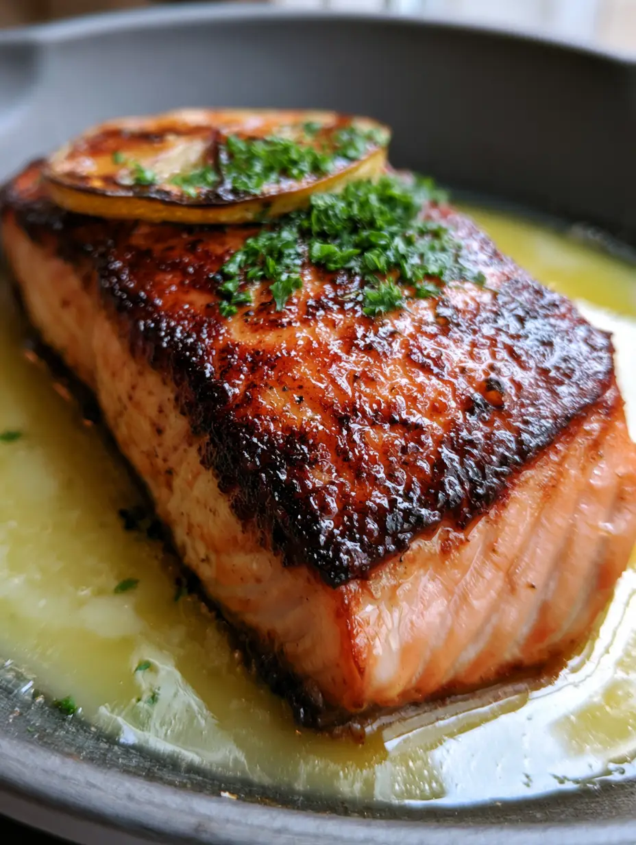 Sizzling Lemon Garlic Butter Salmon in a grey cast iron skillet, featuring moist pink flakes and fresh parsley.