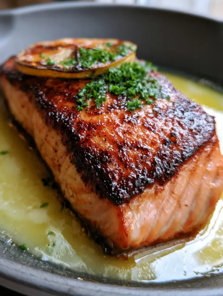 Overhead view of Lemon Garlic Butter Salmon with glossy translucent sauce and charred lemon slices.