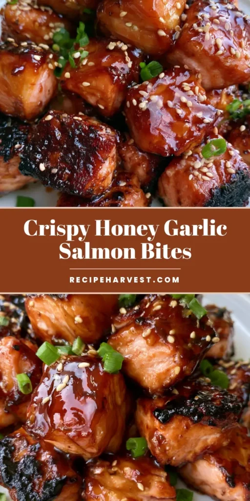 Honey Garlic Salmon Bites: The Crispy, Sticky 15-Minute Dinner 3 A pile of crispy Honey Garlic Salmon Bites on a white plate, coated in a thick amber glaze with sesame seeds and scallions.