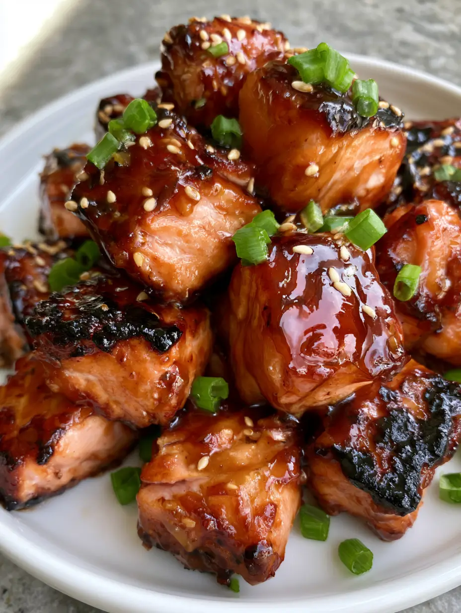 Honey Garlic Salmon Bites: The Crispy, Sticky 15-Minute Dinner 4 Close-up of pan-seared Atlantic salmon cubes with caramelized dark-brown edges and a glossy honey garlic glaze.