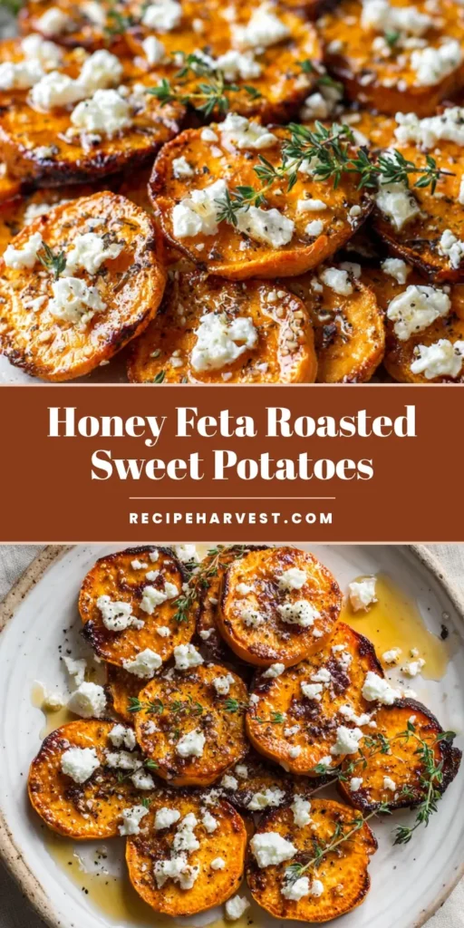 A top-down Pinterest pin showing Roasted Sweet Potato Rounds with charred edges, crumbled feta, and honey drizzle on a white plate.