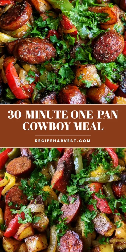 Cowboy Stir Fry: The Ultimate One-Skillet Potato and Sausage Feast 3 A top-down view of a Cowboy Stir Fry in a cast iron skillet featuring seared sausage, crispy potatoes, and blistered peppers.