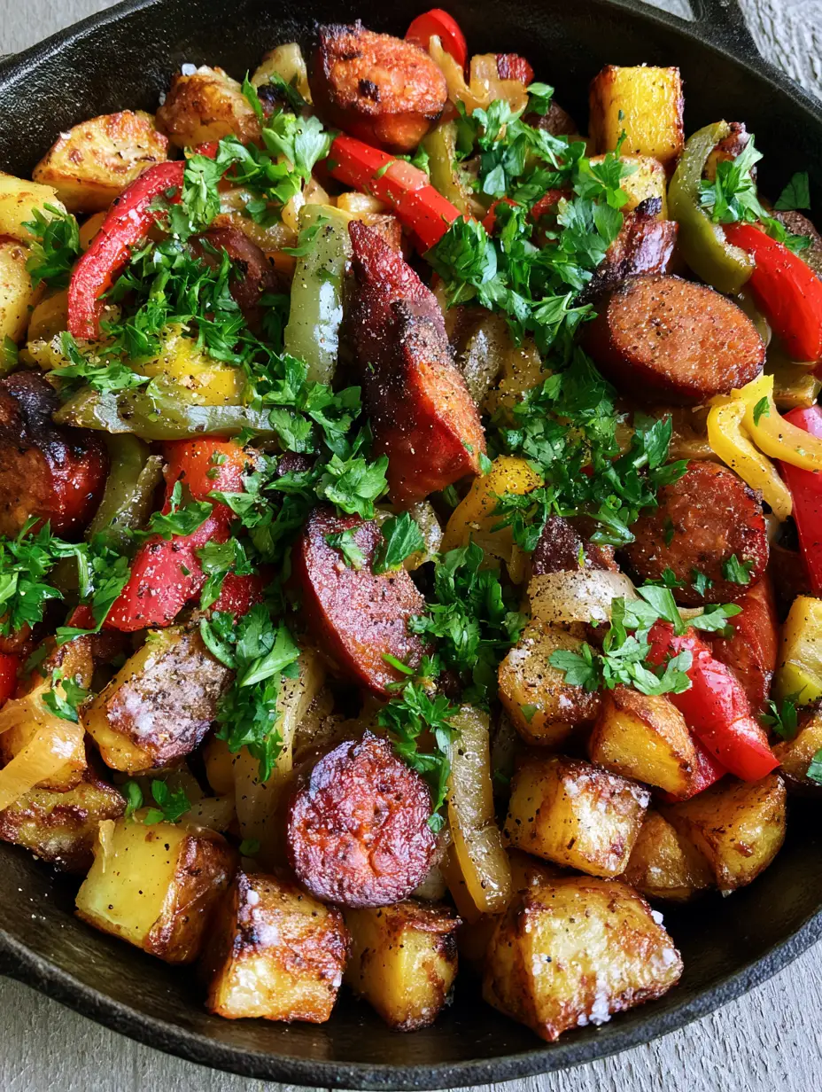 Cowboy Stir Fry: The Ultimate One-Skillet Potato and Sausage Feast 4 Close up shot of Cowboy Stir Fry with golden brown cubed potatoes and seared kielbasa sausage rounds.