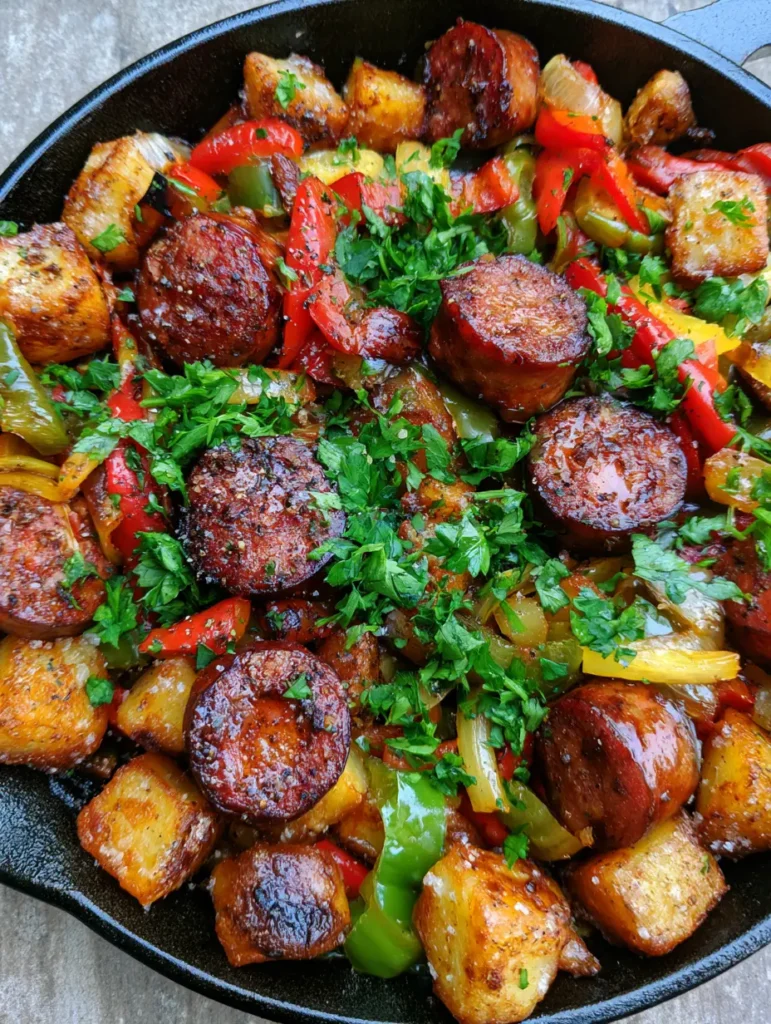 Cowboy Stir Fry: The Ultimate One-Skillet Potato and Sausage Feast 1 Overhead view of glistening Cowboy Stir Fry garnished with parsley and cracked black pepper.