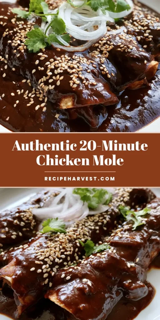 A stack of three Chicken Mole Enchiladas smothered in thick dark brown sauce with white onion rings and cilantro sprigs on a white plate.