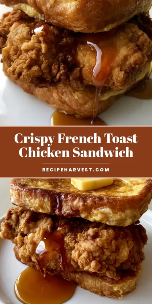 French Toast Fried Chicken Sandwich: The Ultimate Sweet & Savory Brunch 3 A close-up vertical shot of a French Toast Fried Chicken Sandwich with golden brioche, craggy chicken, and syrup drizzle on a white plate.