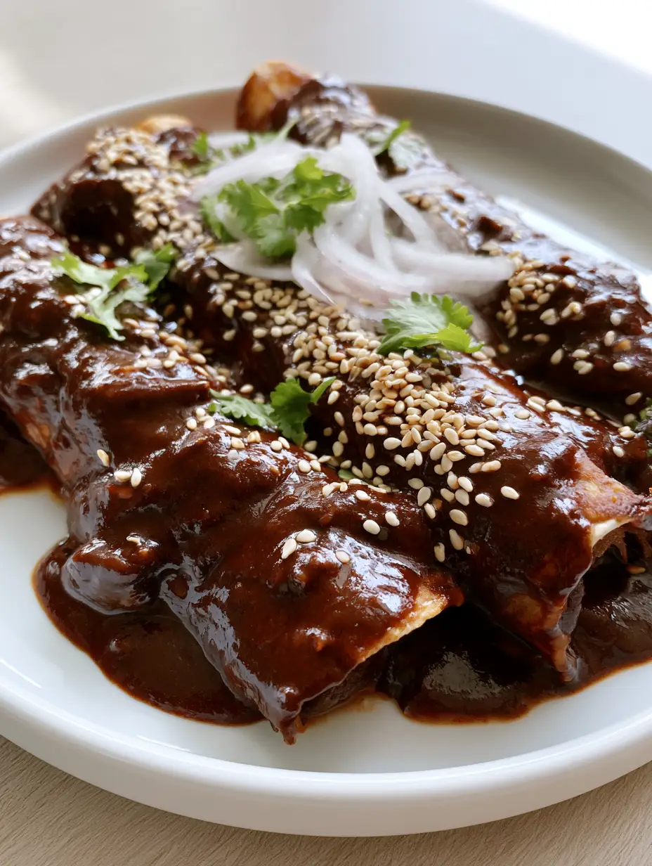 Close-up of three Chicken Mole Enchiladas topped with toasted sesame seeds and raw white onion rings.