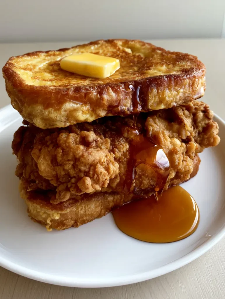 A handheld smartphone photo of a gourmet French Toast Fried Chicken Sandwich with melting butter and syrup.