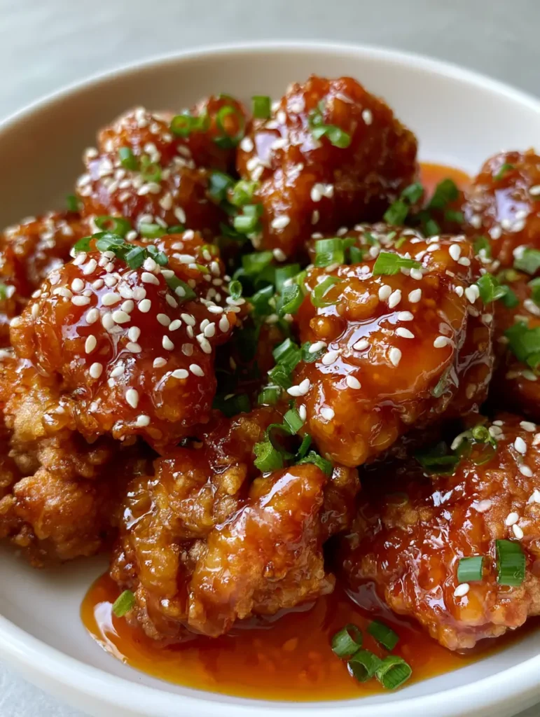 Bite-sized orange chicken in a white ceramic bowl garnished with fresh scallions and sesame seeds.