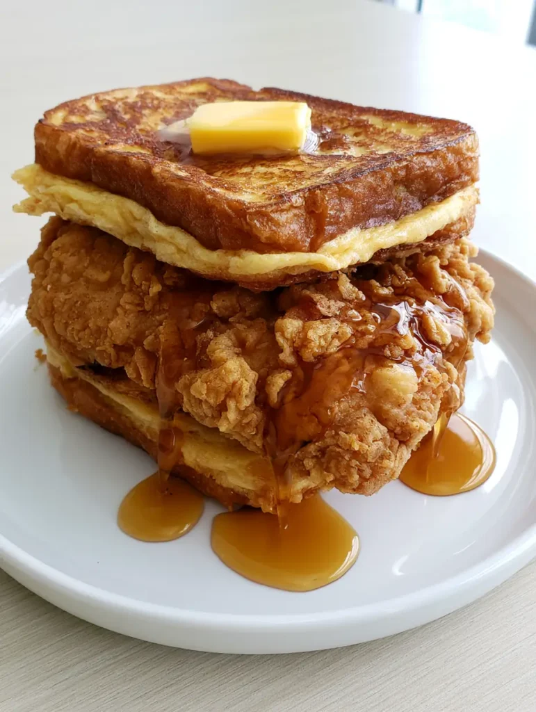 French Toast Fried Chicken Sandwich: The Ultimate Sweet & Savory Brunch 1 Side view of a craggy deep-fried chicken breast sandwiched between custard-soaked French toast slices.